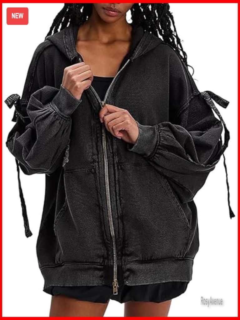 Womens Oversized Zip Up Hoodie Sweatshirt With Bows Long Sleeve Streetwear